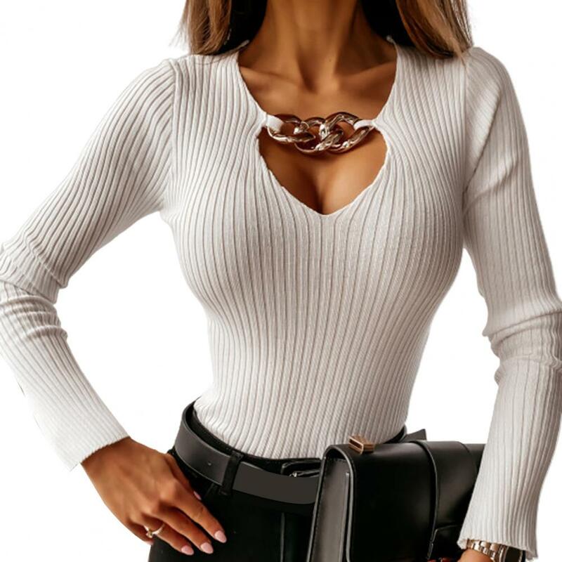 Лидер продаж! Женская трикотажная блузка, с длинным рукавом и глубоким V-образным вырезом, с металлическими цепочками