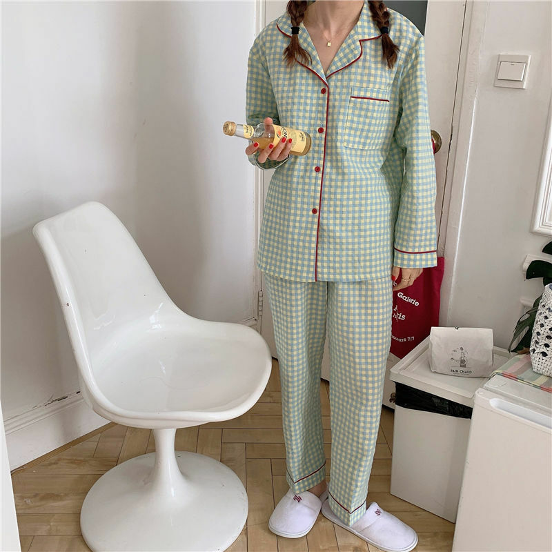 여성을위한 QWEEK 코튼 체크 무늬 잠옷 한국 보라색 잠옷 세트 가을 Pijamas 잠옷 Nightie Loungewear Pjs Dropshipping