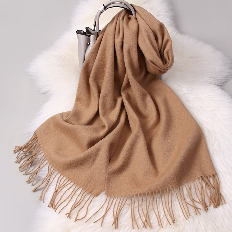 Écharpe en laine mérinos rouge chaude pour Femme, écharpe en cachemire solide, avec pompon, collection hiver 100%