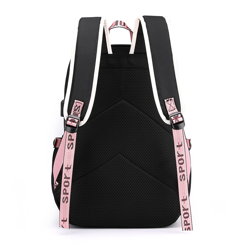 Fengdong-mochila escolar grande para adolescentes, morral escolar de lona con puerto USB, a la moda, color negro y rosa