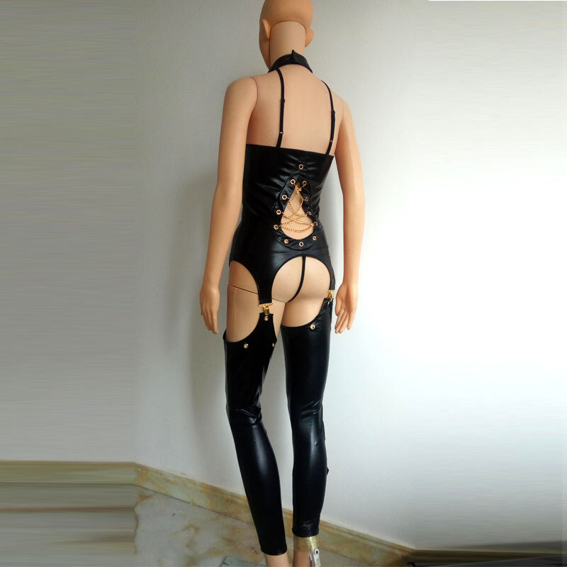 Lady Sexy preto Escavar Falso Couro PVC Latex Zentai Catsuit Wetlook Jumpsuit Erotic Lingerie PU Bodysuit desgaste Do Clube macacão