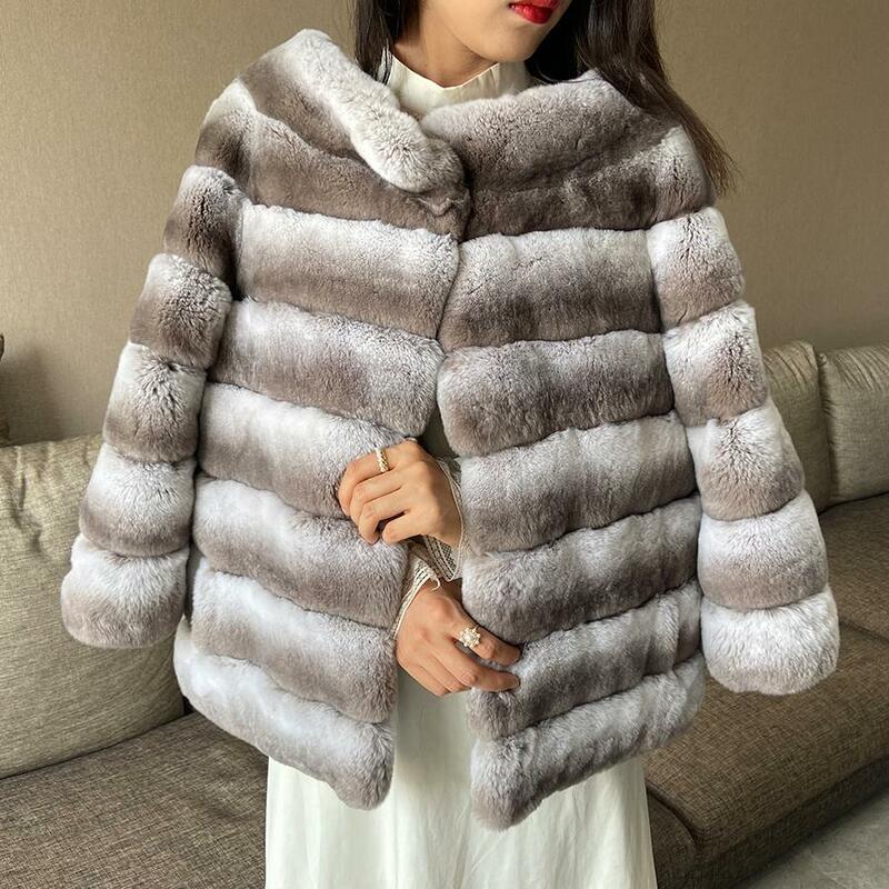 Chaqueta de piel de conejo Rex Real para mujer, abrigo elegante con cuello alto, cálido, de alta calidad, superventas, Invierno