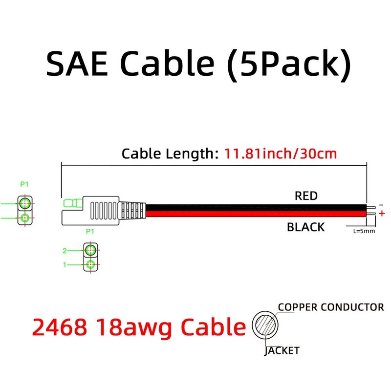 Cable de extensión automotriz SAE Power, Cable de desconexión rápida, 18awg, 30CM, 2 pines, 5 unidades