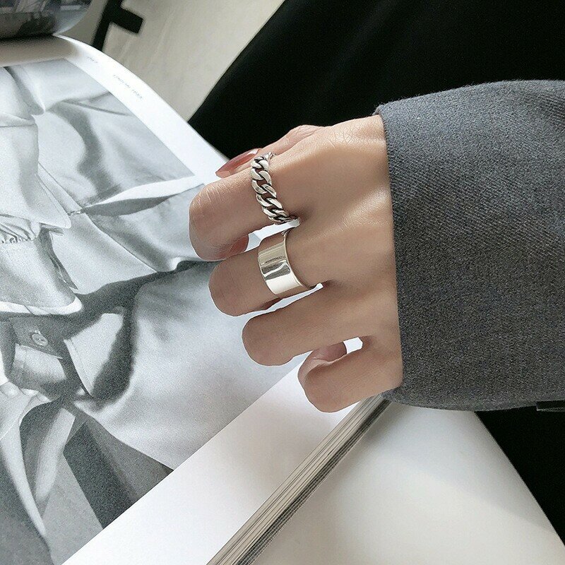 Anillos ajustables de Plata de Ley 925 para mujer, conjunto de anillos de cadena punk simple coreano, joyería fina de estilo hip hop