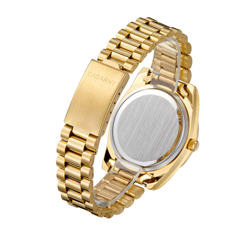 Grandes diamantes relógio de ouro homem aço inoxidável dia-data relógio de pulso masculino presidente relogio masculino moda das mulheres relógios de quartzo