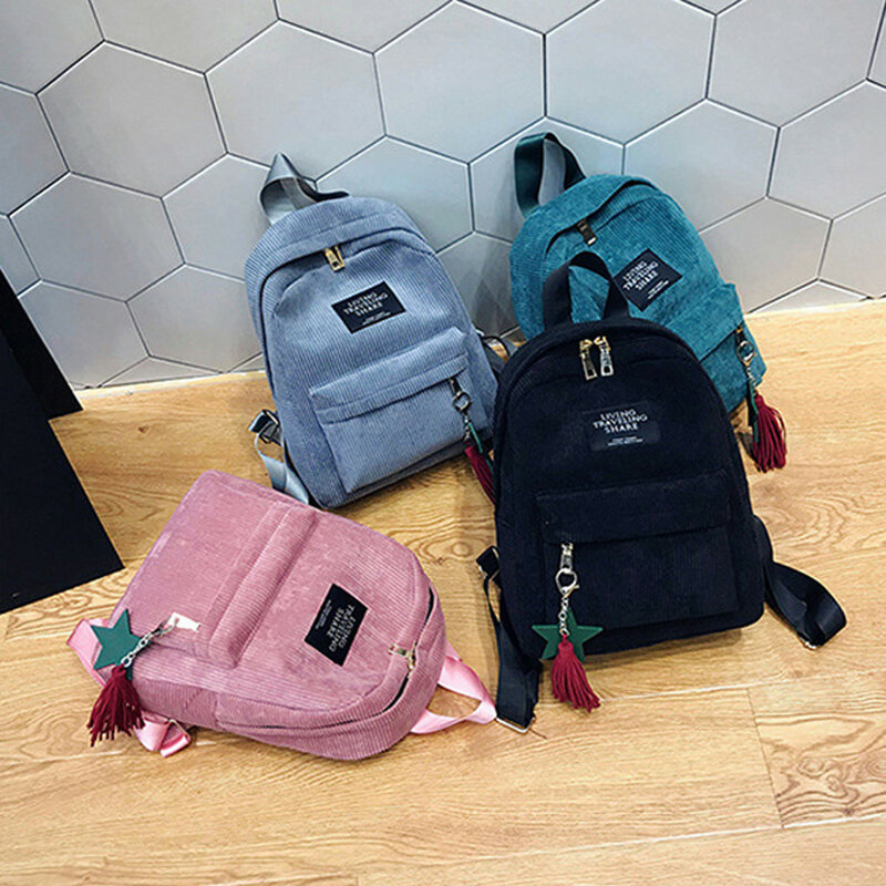 Mochila de pana de moda, bolso de estudiante de color puro de tela suave con estilo para mujer, bolso escolar Vintage a rayas para adolescentes y chicas de viaje 823