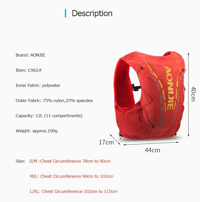 AONIJIE – sac à dos d'hydratation de 12l, C962 Advanced Skin, sac de gilet, flacon de vessie d'eau douce pour la randonnée, les sentiers, la course de Marathon