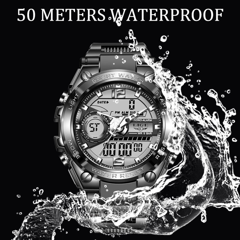 Relogio Masculino 2023 LIGE الرياضة الرجال كوارتز ساعة رقمية الإبداعية الغوص ساعات الرجال مقاوم للماء ساعة منبه عرض مزدوج على مدار الساعة