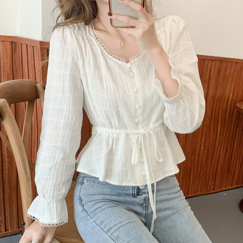2021 Spring White Shirt Round Neck Flared Sleeve Cotton Blouse with Belt Button Short Style Ruffled Top Womens Tops and Blouses