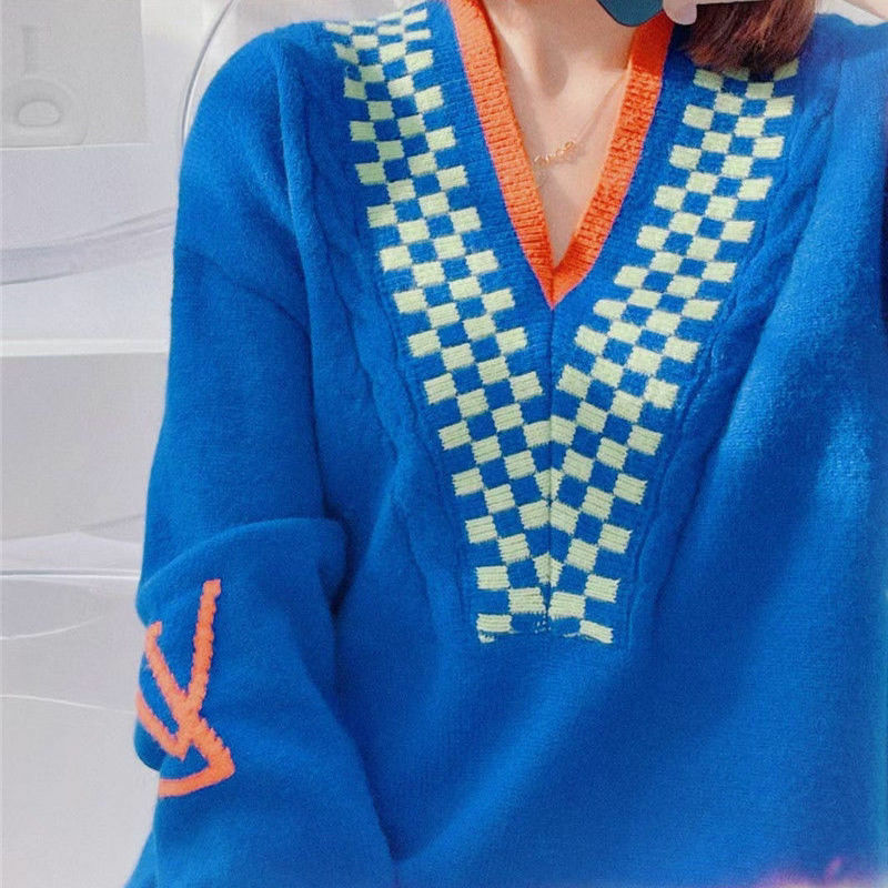 Suéter azul con cuello en V para mujer, jersey de manga larga, diseño de punto holgado, blusa adelgazante, suéteres para mujer 2021