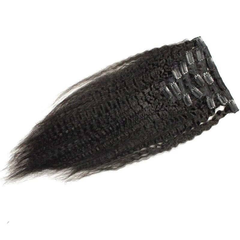 Kinky grampo em linha reta em extensões do cabelo humano yaki em linha reta brasileiro remy grampo de cabelo humano em 8 pçs 200g cabeça cheia para preto