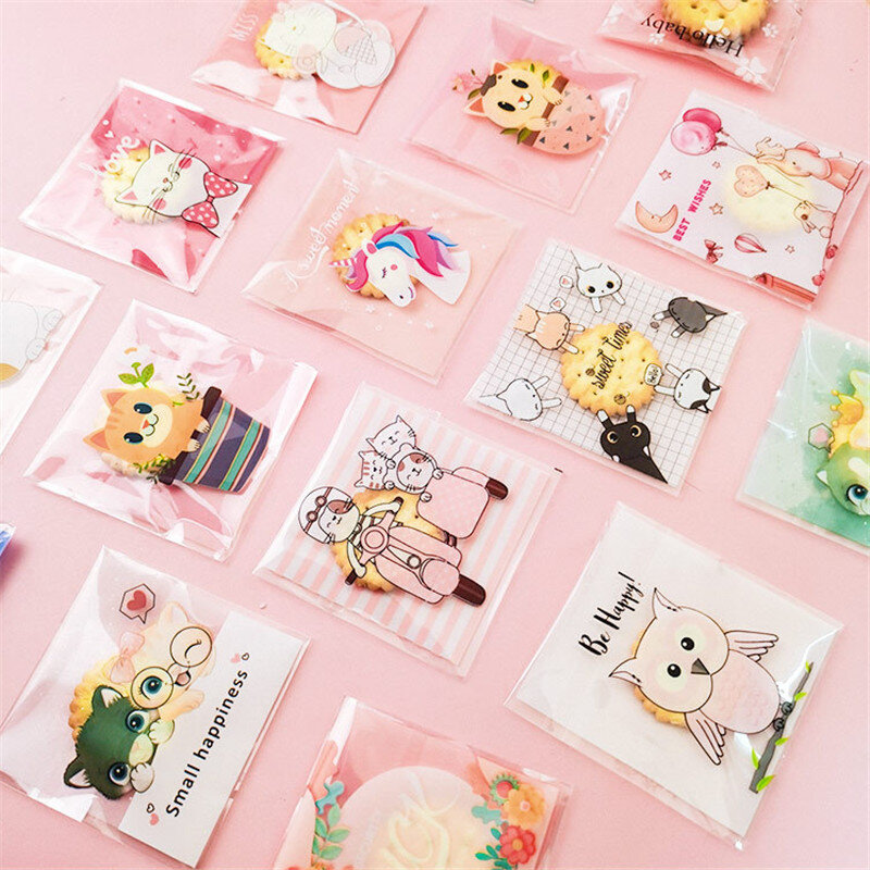 100 Pcs 7x7 + 3cm Kunststoff Cartoon Selbst-Adhesive Tasche Bäckerei Verpackung Cookie Snack Candy Taschen für Hochzeit Party Geschenk