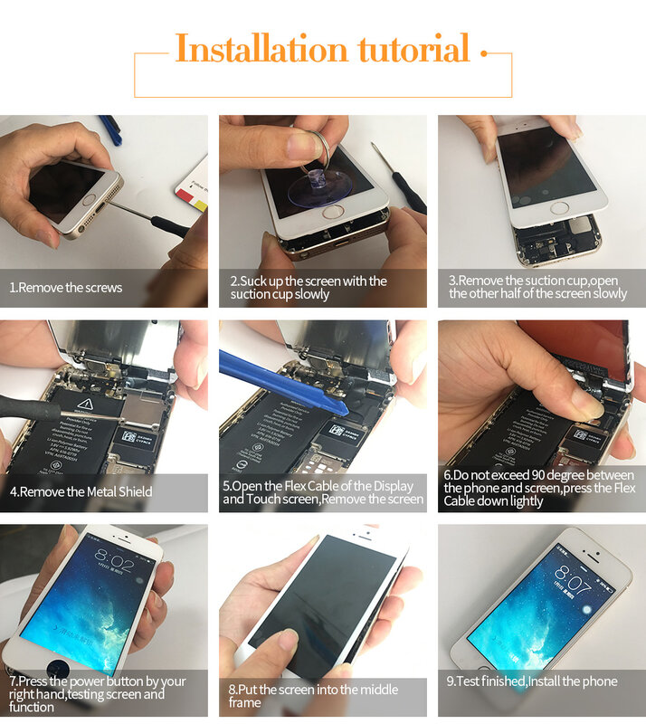 Tela LCD para iphone 6, 7, 8 plus, x, 6s, 5, 5S, xr, xs max, peça de reposição