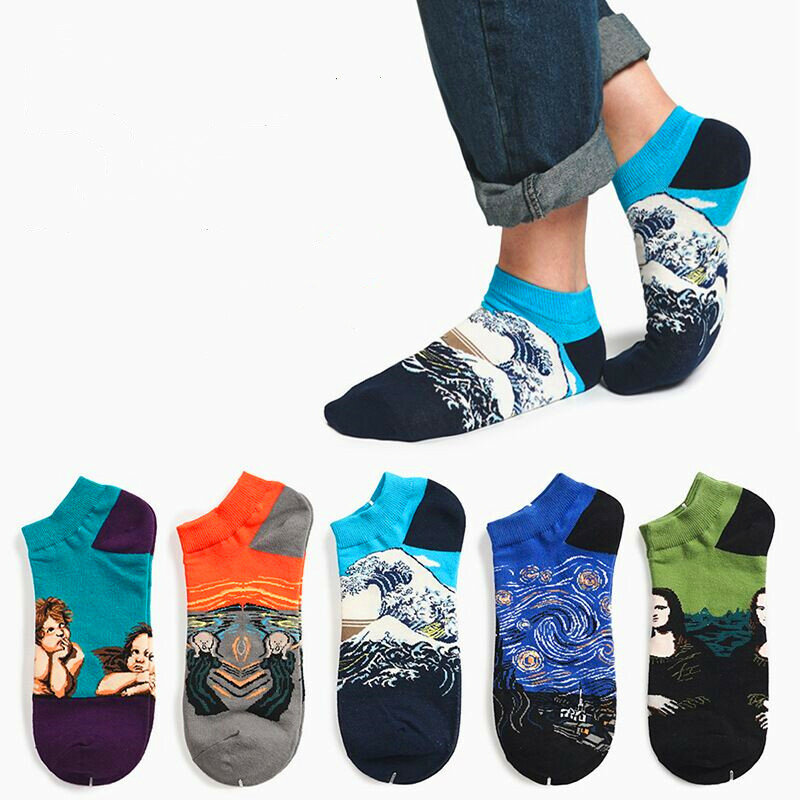 4 paires de chaussettes décontractées en coton pour hommes et femmes, Harajuku fruits animaux unisexe happy Van Gogh peinture à l'huile