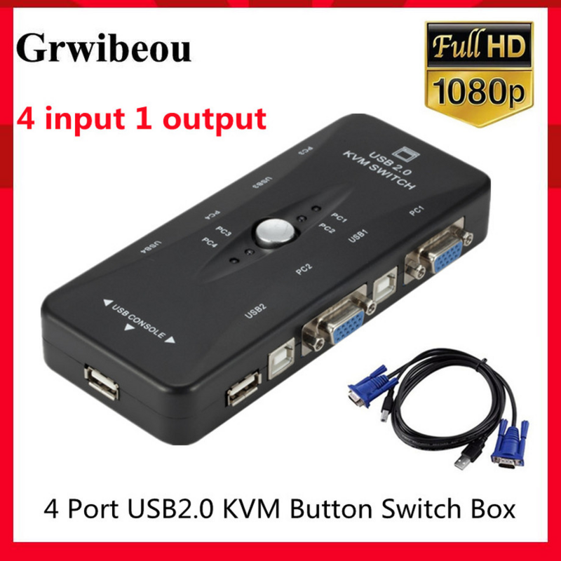 Grwibeou-Commutateur KVM à 4 ports, USB 2.0, répartiteur VGA, imprimante, souris, clavier, clé USB, partage, 1920x1440, adaptateur de boîtier de commutation VGA
