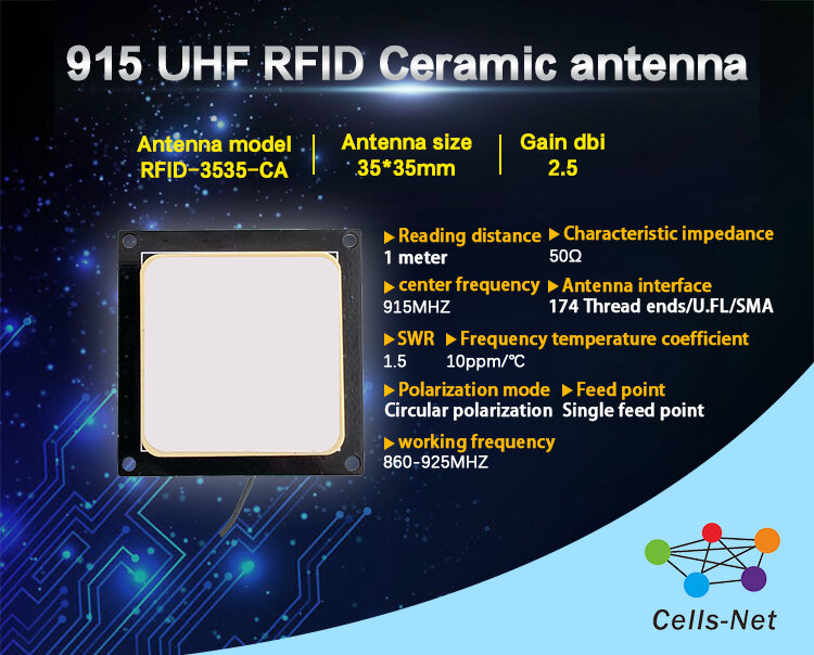 Antena de cerámica 915 UHF, micro antena lectora de 900m, 35x35mm