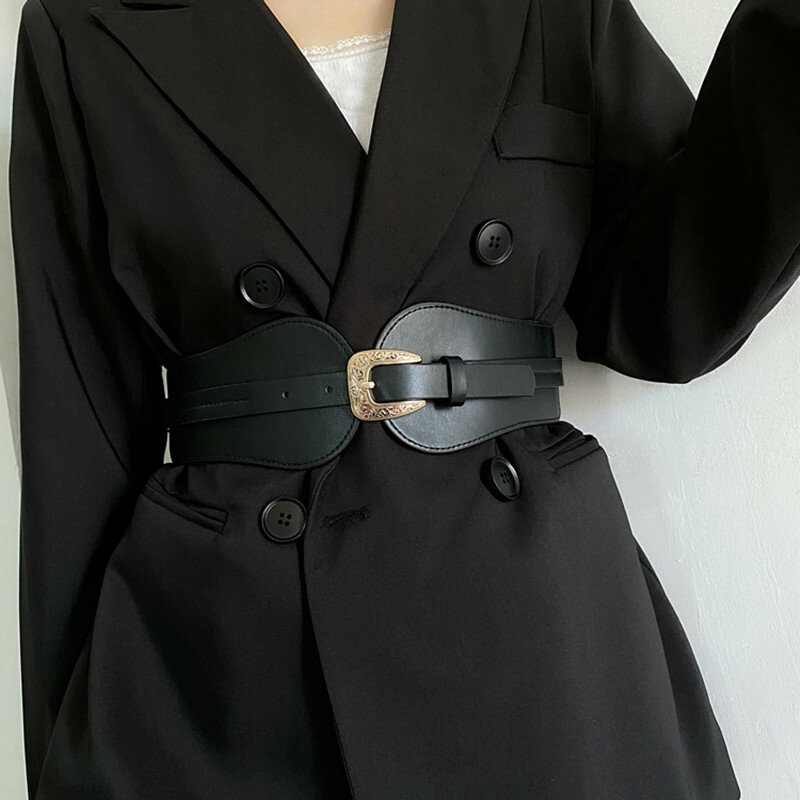 Moda de alta qualidade couro do plutônio vintage cinzelado pino fivela cinto elástico feminino super largo cintura selo preto cummerbunds para mulher