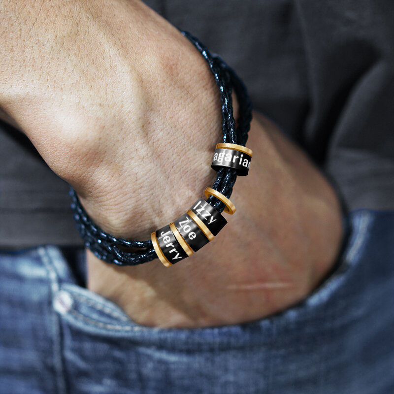 Персонализированный кожаный мужской браслет с именами, плетеный кожаный браслет, персонализированный мужской браслет с именами семьи, подарок