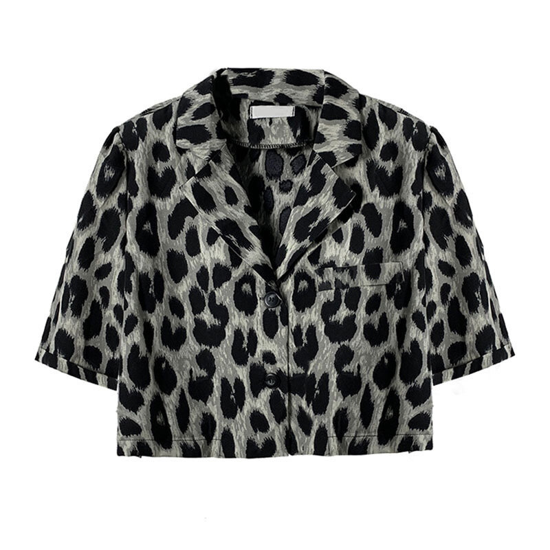 Crop top com estampa de leopardo, blusa vintage para mulheres, gola v, camisa de verão moda coreana