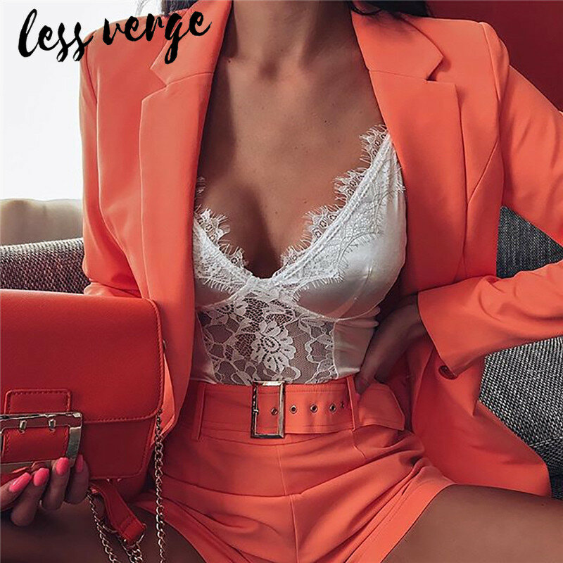 lessverge Work OL blazer coats and shorts suit set women Pink winter 2 piece outfits White office ladies two piece sets clothes