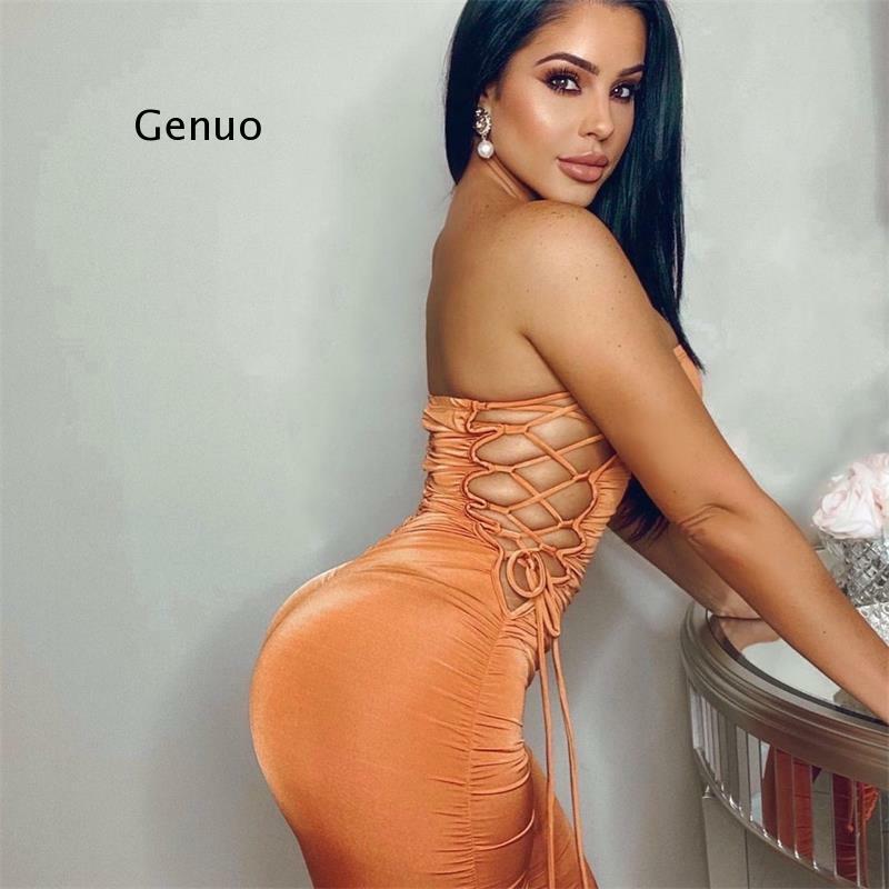 Women Autumn Summer Strapless Hollow Out Bodycon Soild Color Jumpsuit Romper Playsuit 2021 Fall Clothes Streetwear