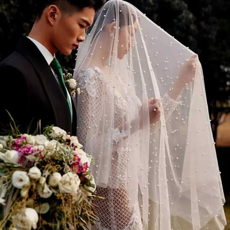 Voile de mariage en Tulle pour femmes, 1 couche, avec perles, long, blanc, ivoire, accessoires de mariage
