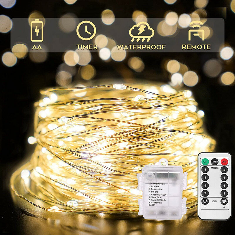 Guirnalda de luces LED de hadas con batería, alambre de cobre remoto, cadena de luces de fiesta de boda de Navidad, decoración del hogar
