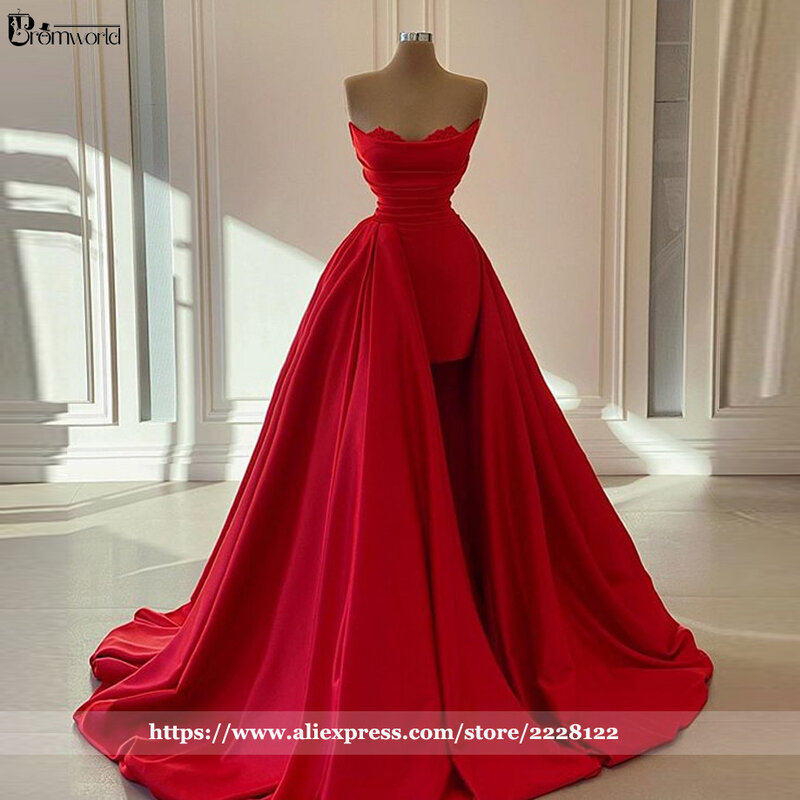 Gaun malam panjang merah 2024 gaun Formal kereta dapat dilepas baru gaun pesta malam wanita Satin Sweetheart Vestidos De Fiesta gaun Prom