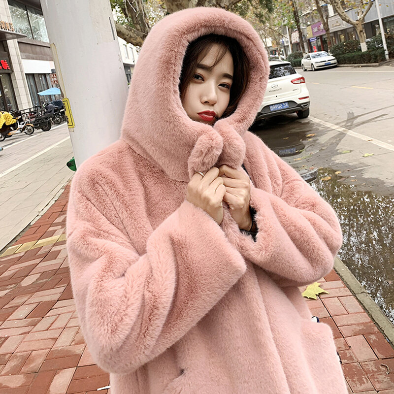 Casaco de inverno feminino, casaco de cabelo de coelho falso, casaco coreano com capuz, imitação de pelo de vison, jaqueta longa, solta, grossa, quente, maré