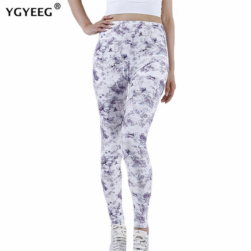 YGYEEG High Waist Leggings Push Up Sport Women Fitness Running White Gray Peony Flower Pattern Printed Bottom Knitted Gym Pants