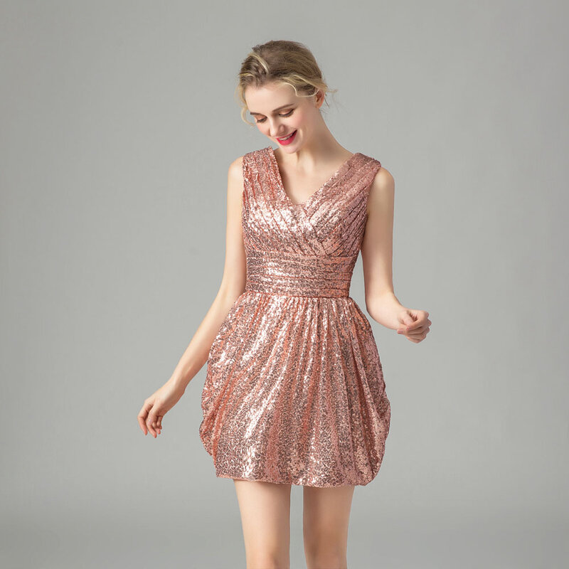 Gold Sequins Cocktail Party Dress Sexy V-Neck Celebrate Dress Glitter Mini Dancing Dress Pleated Night Club Dress WS-3102