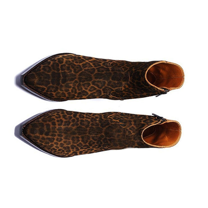 Мужские модельные Роскошные брендовые Ботинки Челси с леопардовым принтом, ботильоны с острым носком из коровьей замши в ковбойском стиле, летние классические ботинки, 2023