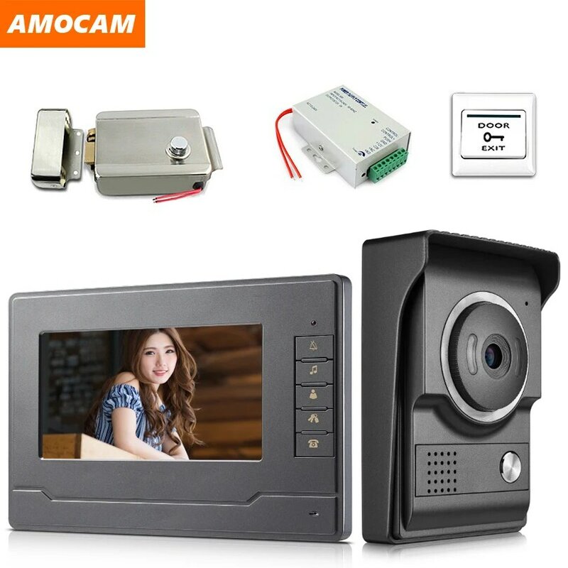 7 Inch Monitor Video Deurtelefoon Deurbel System Video Intercom Kits Met Elektrisch Slot + Power Control + Exit Voor huis Villa