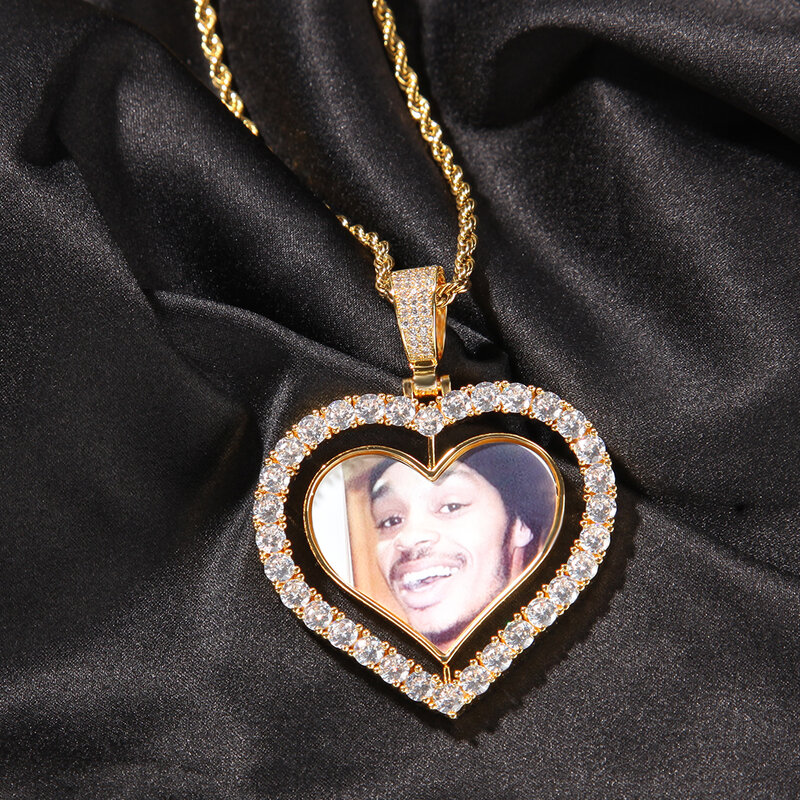 Tbtk coração forma design diy rotação de dois lados fotos pingentes moda jóias personalizado foto colar encantos hiphop jóias