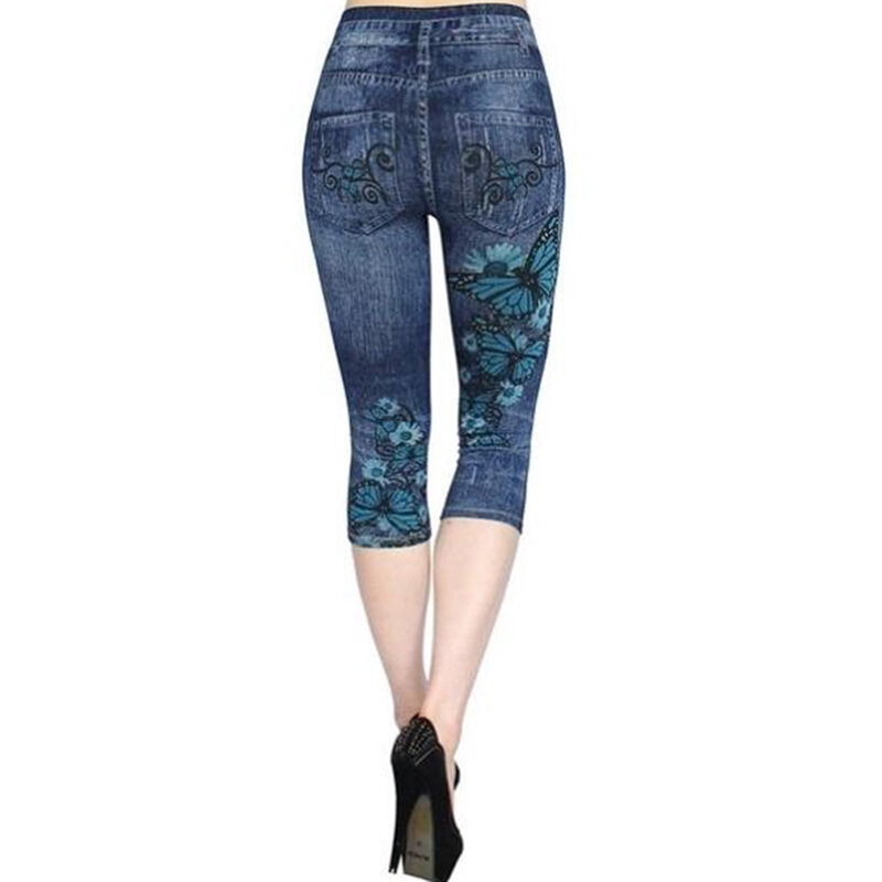 Neue Gefälschte Jeans Leggings Frauen Stretch Gedruckt Kurze Legging Plus Größe Kalb-Länge Hosen Sommer Reithose Hohe Taille Jeggings