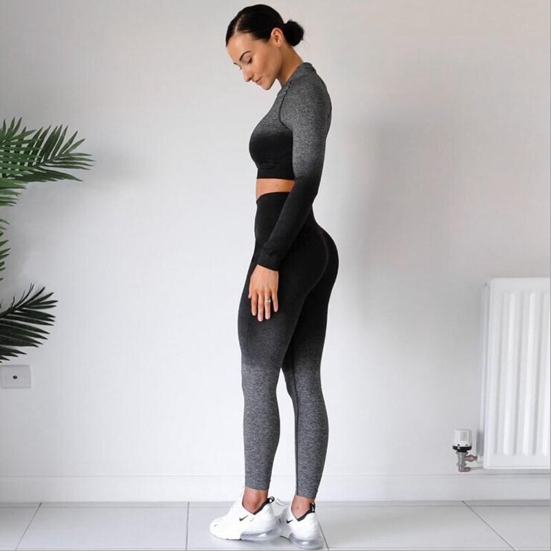 Conjunto de Yoga sin costuras para mujer, mallas de cintura alta con degradado, camiseta de manga larga, ropa deportiva de entrenamiento para Fitness, novedad de 2020