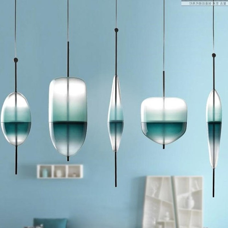 Nordic modern teardrop-shaped blue glass pendant light LED art deco simple white hanging lamp for living room restaurant kitchen