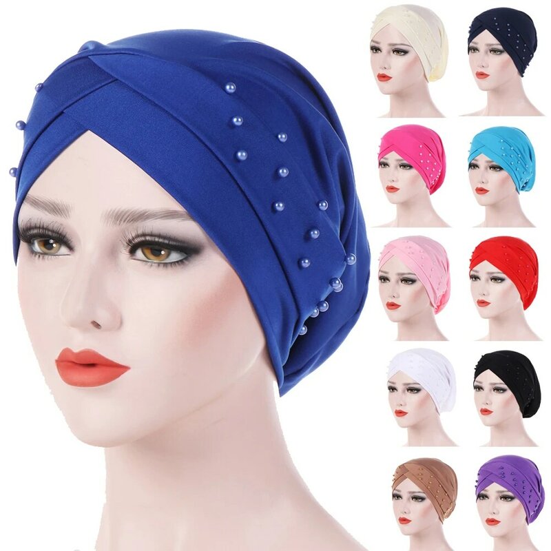 Chapeau turban élastique pour femme, hijab musulman, perles islamiques, bonnet de chimio contre le cancer, écharpe pour femme, tête commandée, tête ronde, perte de cheveux, nouveau, 1PC