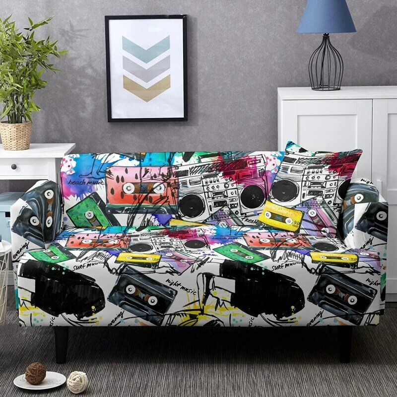 Retro Graffiti Muziek Instrument Stretch Sofa Cover Voor Woonkamer Wasbaar Couch Covers Stofdicht Elastische Hoes Loveseat