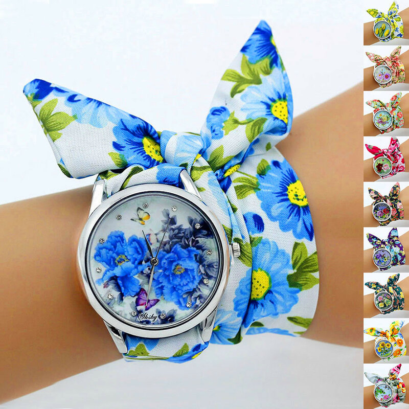 Shsby novo design senhoras flor pano relógio de pulso feminino vestido relógios tecido relógio doce menina prata 13 40 40 relógios por atacado