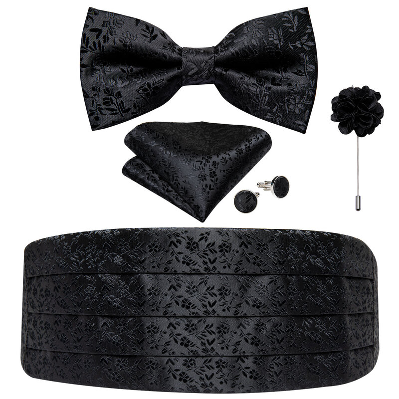 Классический черный Шелковый цветочный Cummerbunds для мужчин, брошь для галстука-бабочки, набор булавок, эластичный широкий пояс для смокинга, пояс для платья