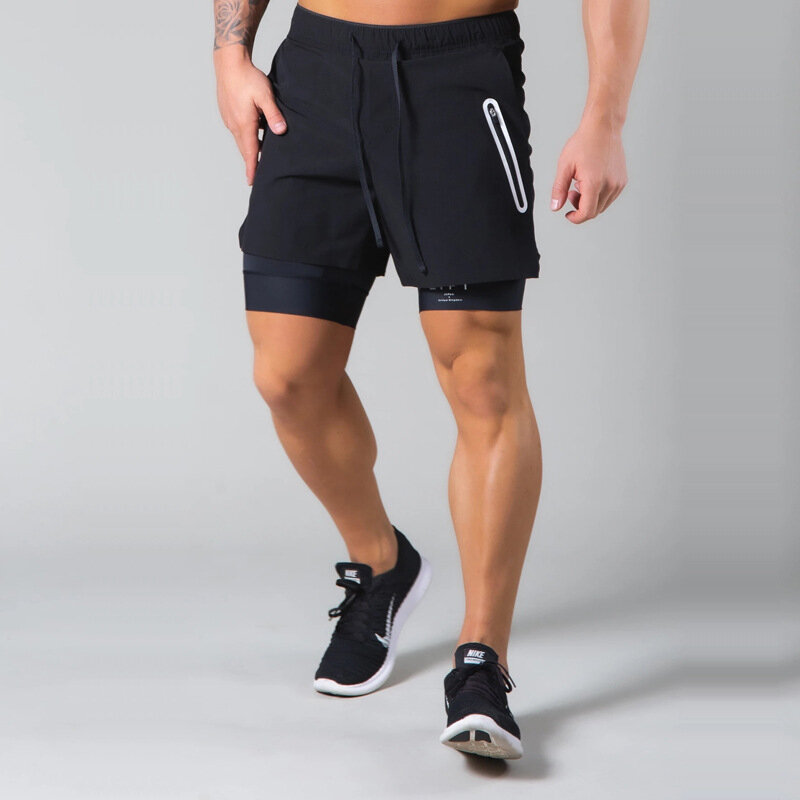 2021 verão novo correndo shorts 2-em-1 esportes masculinos jogging dupla camada calções de fitness ginásio treinamento de secagem rápida calções esportivos