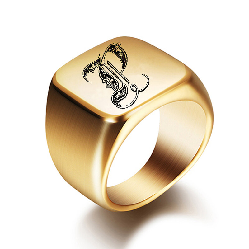 Nowe pierścionki męskie ze stempel z literą Fashion Gold 18mm męskie ze stali nierdzewnej początkowa biżuteria szeroki pierścień dla człowieka akcesoria imprezowe