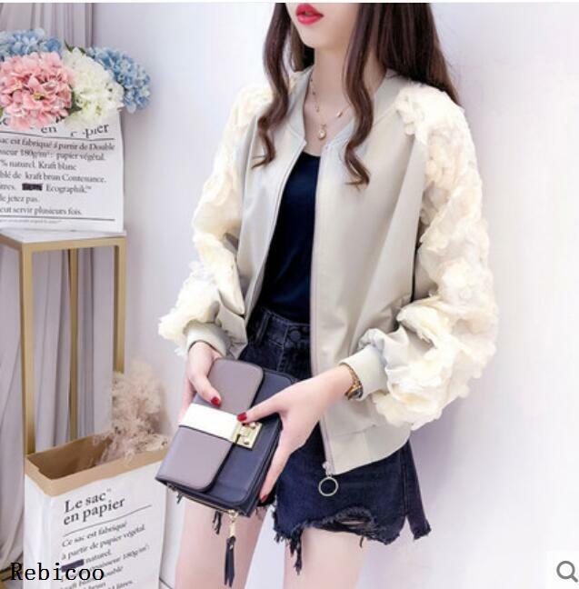 짧은 재킷 코트, 봄/가을 여성의 새로운 한국 스타일, 느슨한 세로 칼라 스팽글 랜턴 슬리브 지퍼 재킷, 소녀