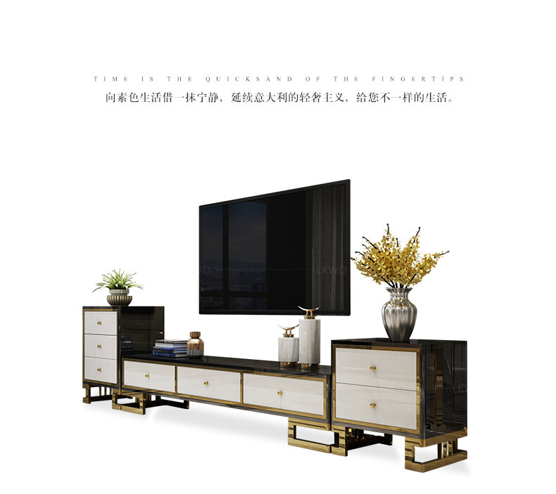 Soporte de TV de acero inoxidable dorado, mesa de centro de mármol para sala de estar moderna, soporte de monitor led para tv, 2 gabinetes