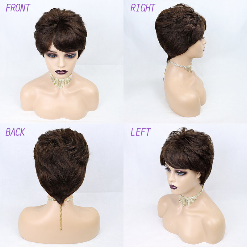peluca Human Hair Short Wig Pixie Cut Full Manchine Made For Women Wig With Bangs Cosplay Halloween Peruvia Humain Straight Hair