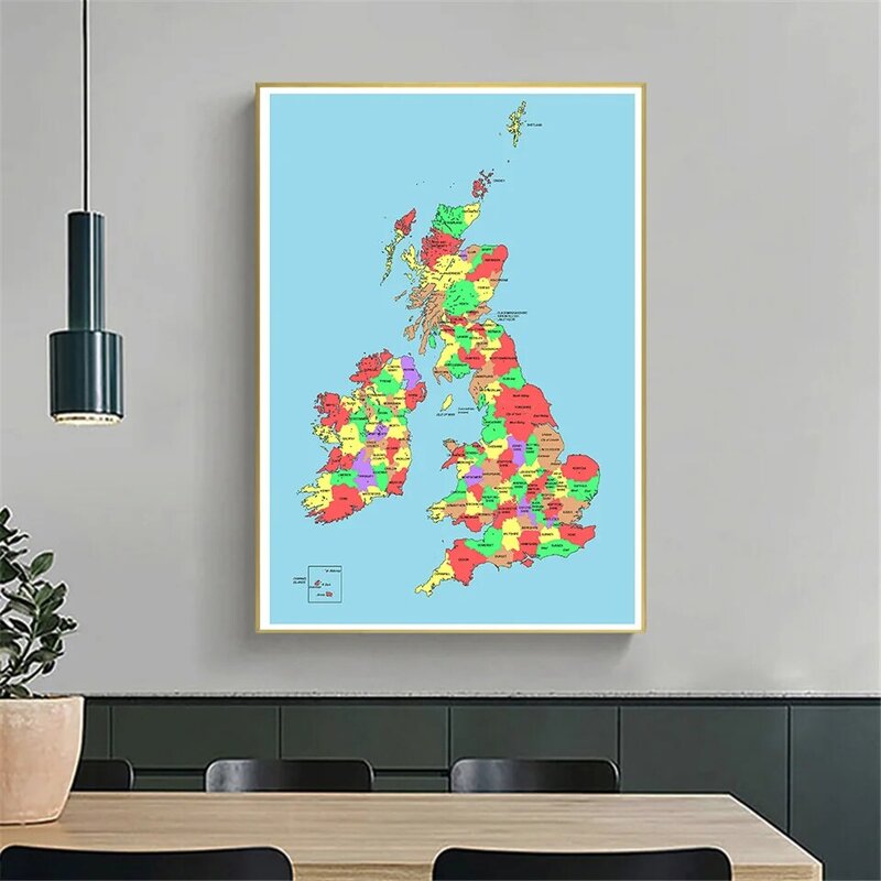 Póster de arte de pared con mapa política del Reino Unido, lienzo ecológico, pintura para sala de estar, decoración del hogar, suministros escolares de viaje, 59x84cm