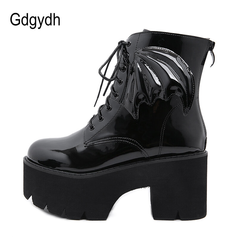 Gdgydh Neue Mode Engel Flügel Stiefeletten High Heels Patent Leder Frauen Plattform Stiefel Punk Gothic Sexy Modell Schuhe Präfekt