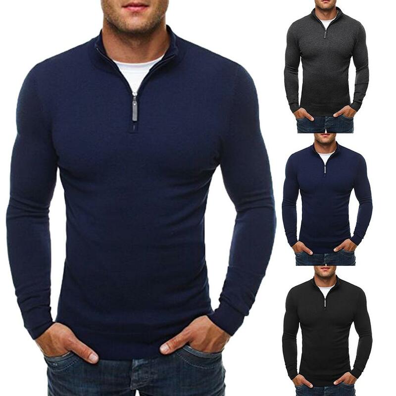 Camisola de malha monocromática para homens, gola, manga comprida, top com zíper, blusa chique