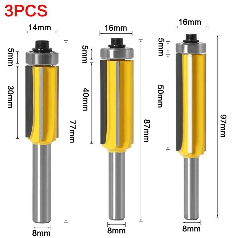 Bits de rolamento superior e inferior, fresa para madeira cortadores de madeira, guarnição nivelada, padrão Z4 Router Bit, 8mm, 1-3 Pcs